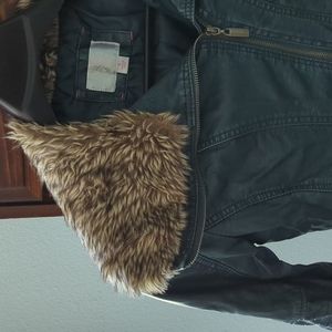 Blue crop leather jacket with fur collar by xhilaration